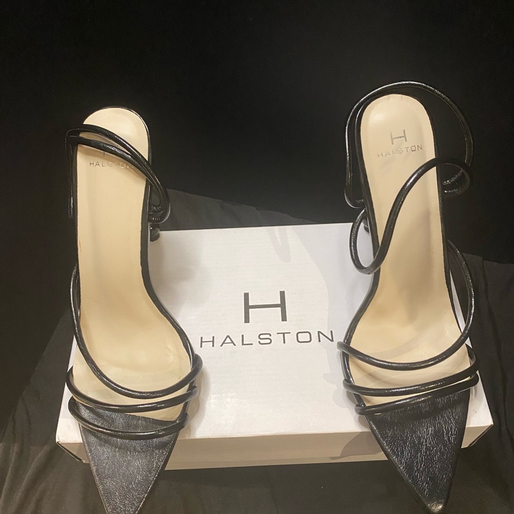 Halston Heritage Black Stiletto Heels with Mesh Straps